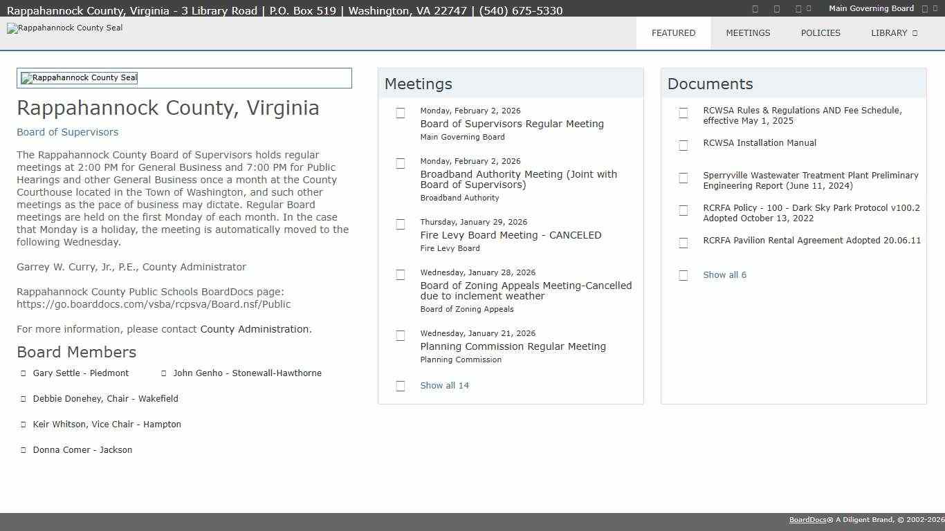 Featured - Rappahannock County, Virginia - 3 Library Road P.O. Box 519 Washington, VA 22747 (540) 675-5330 BoardDocs® Plus